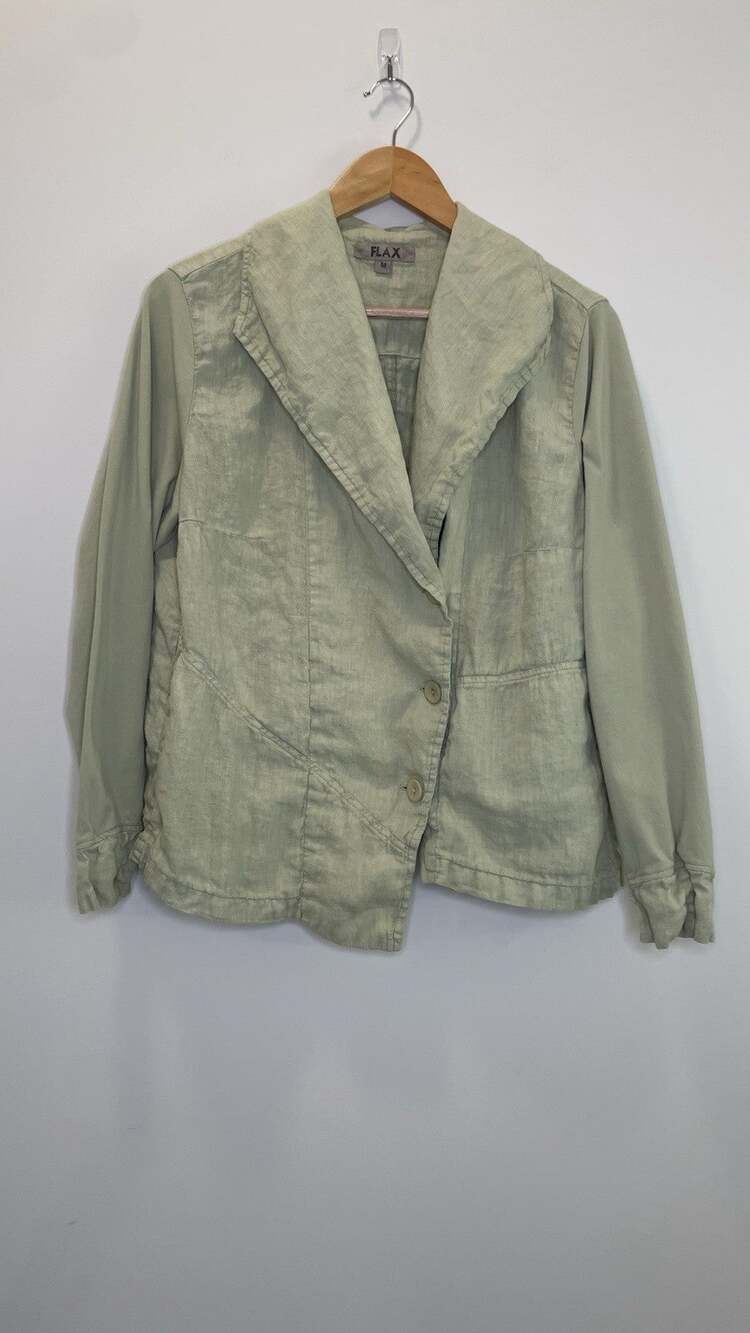 Flax Linen Asymmetric Jacket Top Lagenlook Minimalist Artsy Beachy Green Medium